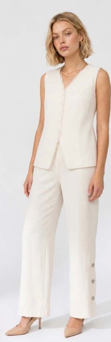 Melloday Ecru Lace Trim Vest and Pants Set